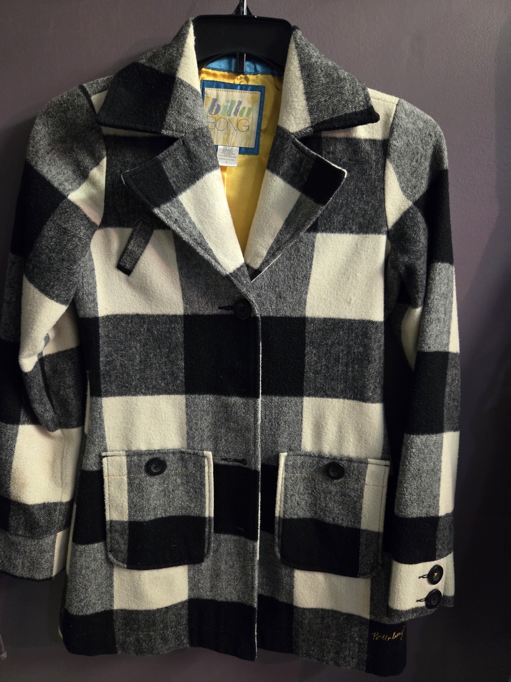 Billabong Black & White Plaid Wool-Blend Peacoat